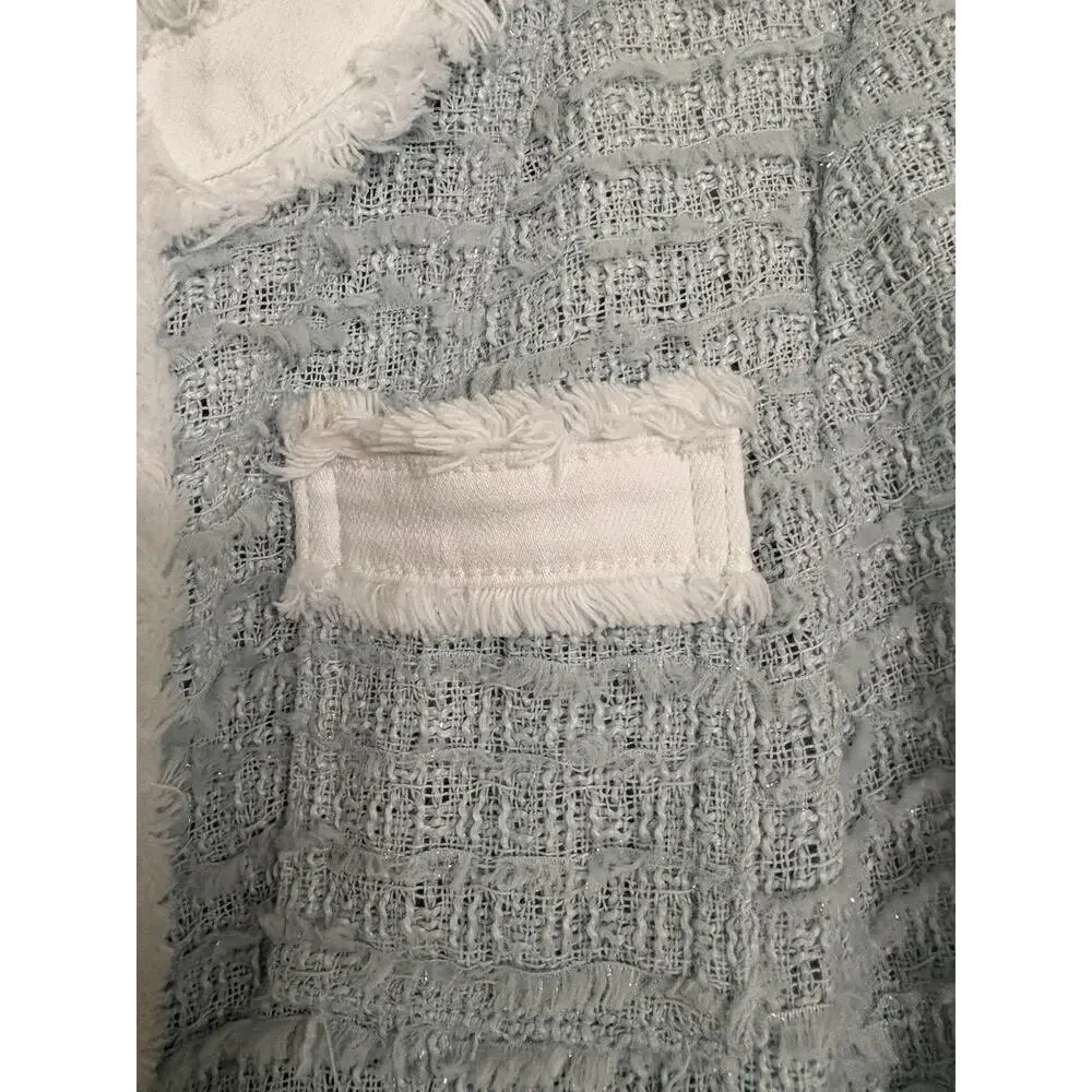 L'AGENCE Agnes Tweed Denim Jacket XS Ice Blue White $525 Quiet Luxury